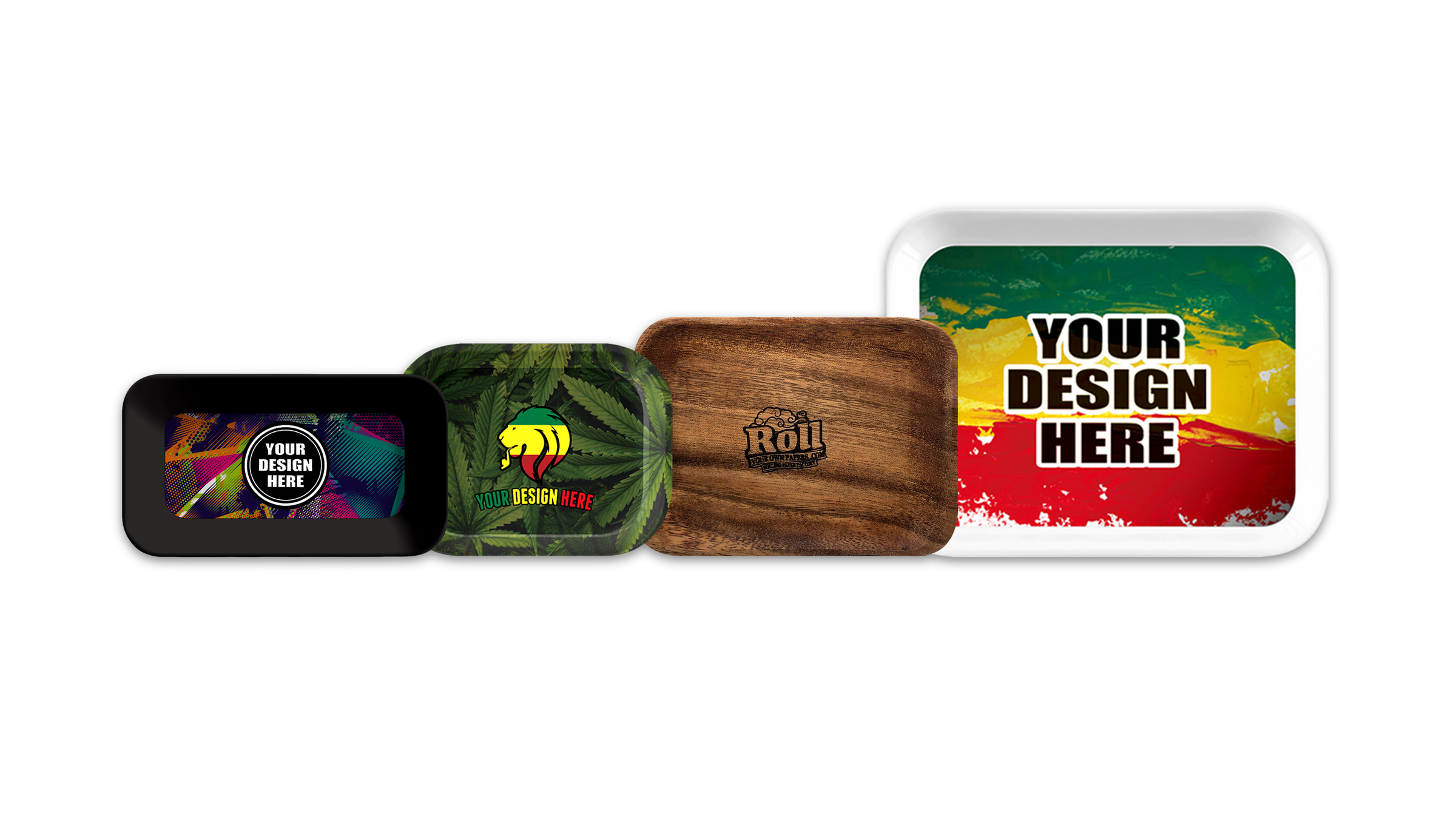 Custom rolling trays in tin, wood, and melamine with sample branded designs, showing customization options for personal logos and artwork