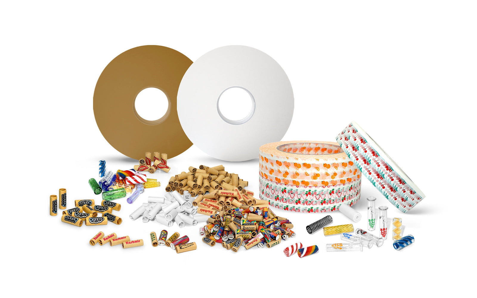 Automated pre-roll machine consumables—custom rolling paper bobbins & custom S/W filter tips & custom glass tips—compatible with RollPros Blackbird.