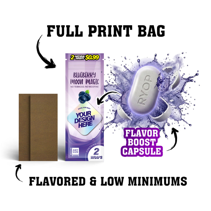 Custom Flavored Blunt Wrap Sheets with Flavor Boost Capsules (2CT) in Mylar Bags