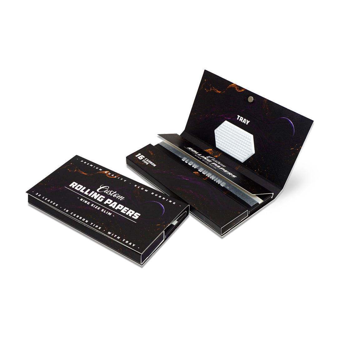 Custom Printed Rolling Paper Booklets with Coconut Charcoal Filters, Magnetic Closure and Grinder Card