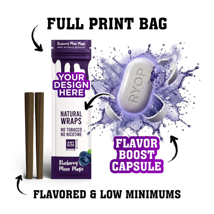 Custom Flavored Hemp Wraps with Flavor Boost Capsules (2CT) in Mylar Bags