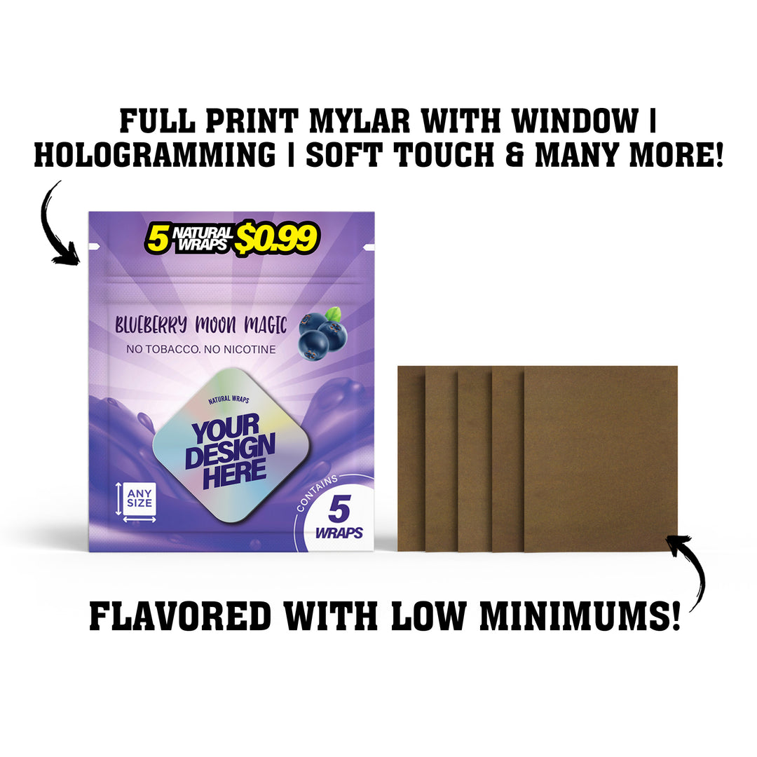 CUSTOM FLAVORED NATURAL WRAP SHEETS IN MYLAR BAG